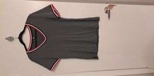 Gray V-Neck T-Shirt with Red and White Trim
